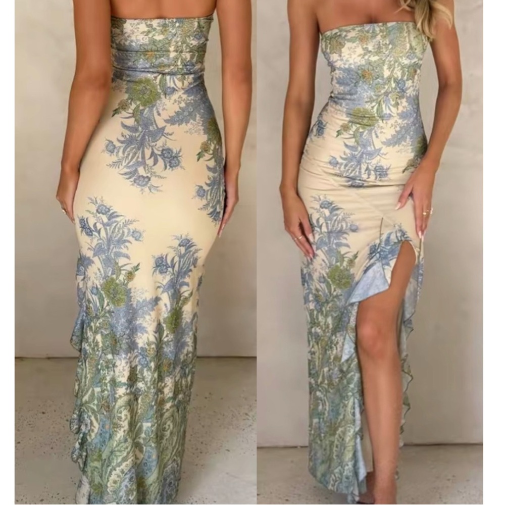 Tiger Mist Strapless Floral Dress in Blue and Green